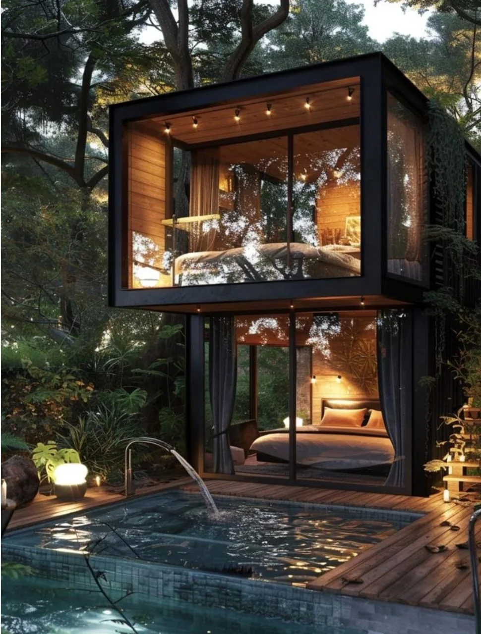Modulo estructural diseño para entorno silvestre . Con amplios ventanales y piscina integrada . Sismorresistente , belleza y confort en plena naturaleza .