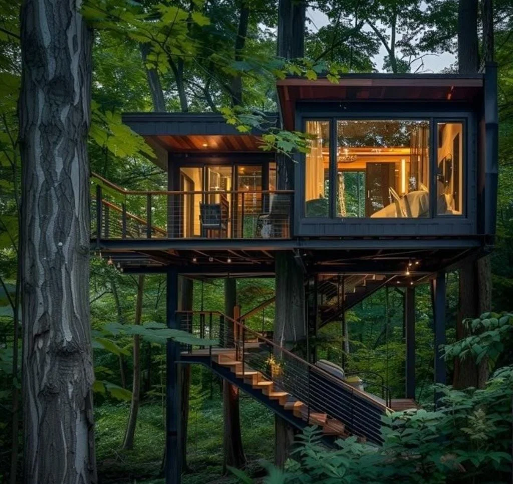 Casa modular elevada  . Diseño unico , en plena naturaleza . Espacio acogedores , amplios ventanales y estilo exclusivo .